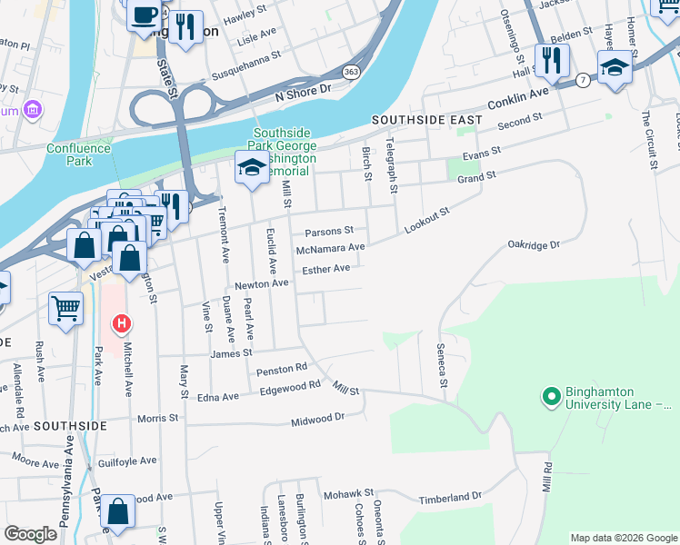 map of restaurants, bars, coffee shops, grocery stores, and more near 12 Esther Avenue in Binghamton