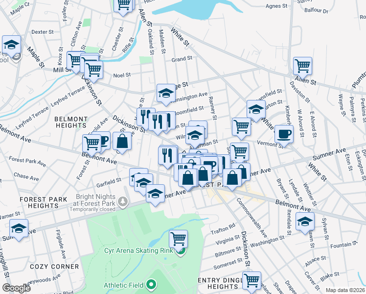 map of restaurants, bars, coffee shops, grocery stores, and more near 28 Alderman Street in Springfield