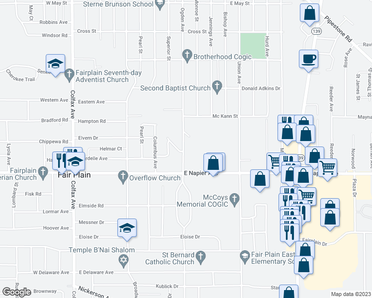 map of restaurants, bars, coffee shops, grocery stores, and more near 1627 Ogden Avenue in Benton Harbor