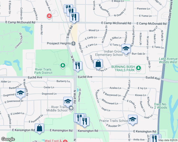 map of restaurants, bars, coffee shops, grocery stores, and more near 1767 East Cree Lane in Mount Prospect