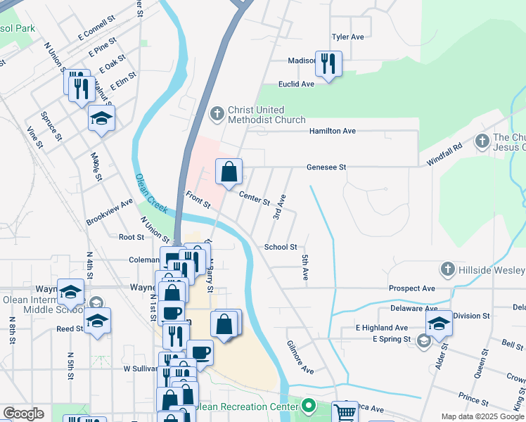 map of restaurants, bars, coffee shops, grocery stores, and more near 438 2nd Avenue in Olean