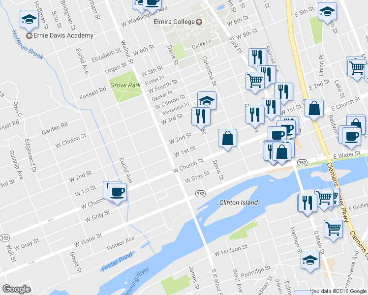 map of restaurants, bars, coffee shops, grocery stores, and more near 452 West 1st Street in Elmira