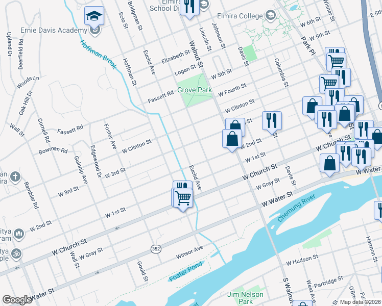 map of restaurants, bars, coffee shops, grocery stores, and more near 411-413 Euclid Avenue in Elmira