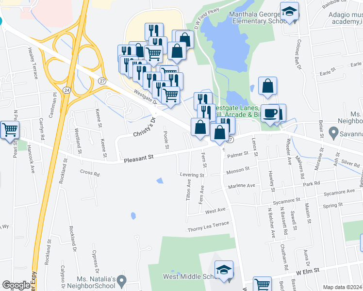 map of restaurants, bars, coffee shops, grocery stores, and more near 721 Pleasant Street in Brockton