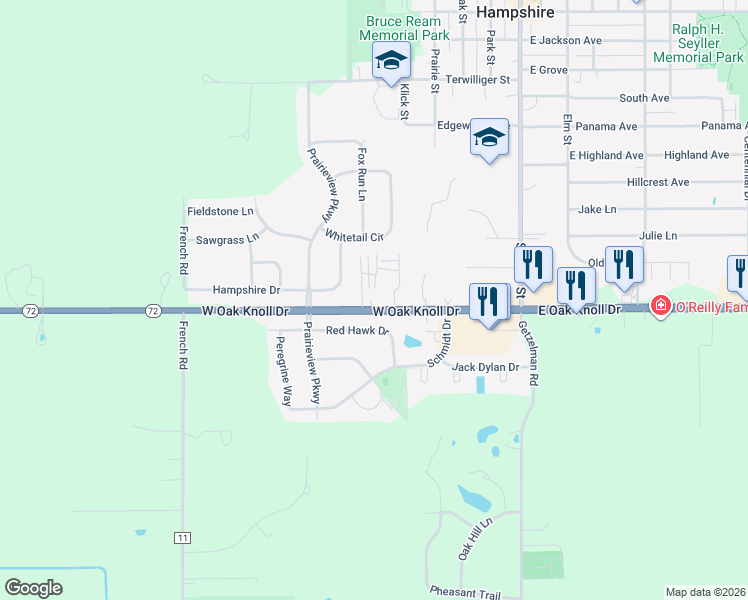 map of restaurants, bars, coffee shops, grocery stores, and more near 47W320 Illinois 72 in Hampshire