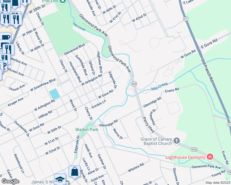 map of restaurants, bars, coffee shops, grocery stores, and more near 405 West Gore Road in Erie