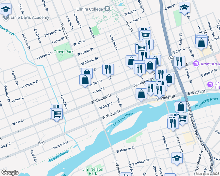 map of restaurants, bars, coffee shops, grocery stores, and more near 405 West 1st Street in Elmira
