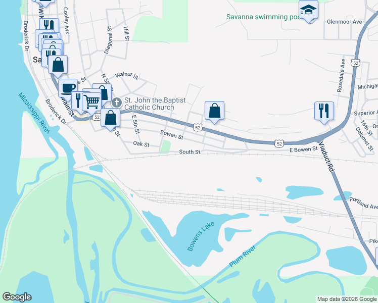 map of restaurants, bars, coffee shops, grocery stores, and more near South Street in Savanna