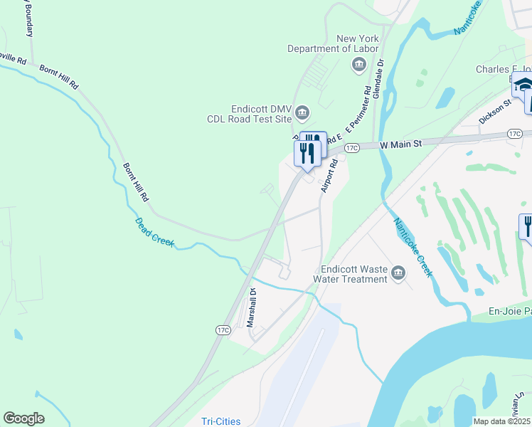 map of restaurants, bars, coffee shops, grocery stores, and more near 1243 Campville Road in Endicott