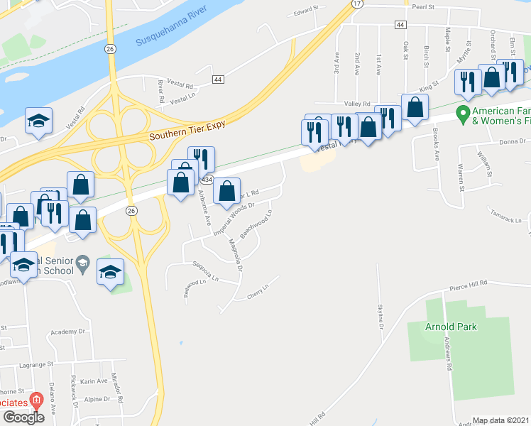 map of restaurants, bars, coffee shops, grocery stores, and more near 1005 Beechwood Lane in Vestal