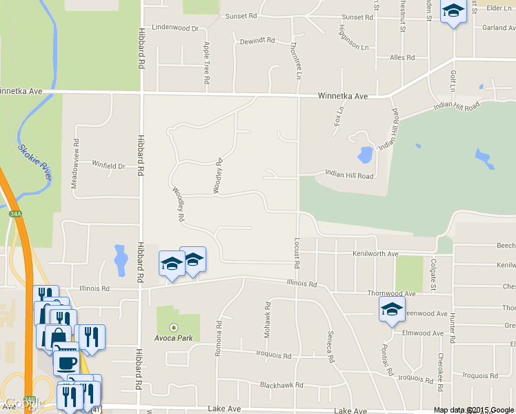 map of restaurants, bars, coffee shops, grocery stores, and more near 334 Woodley Road in Winnetka
