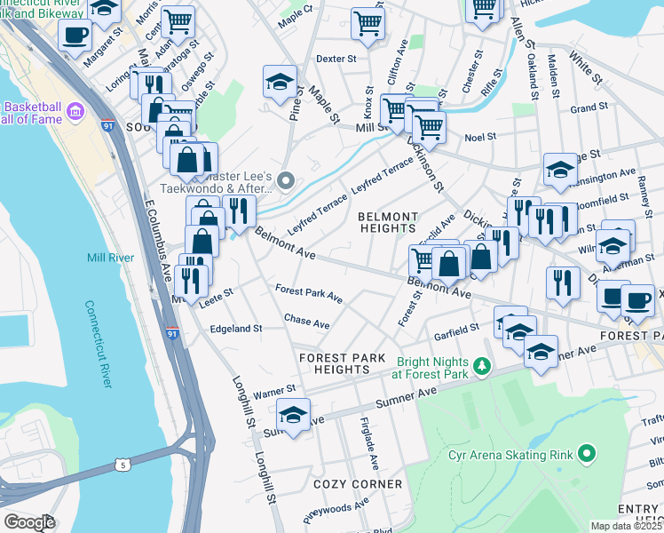 map of restaurants, bars, coffee shops, grocery stores, and more near 140 Belmont Avenue in Springfield