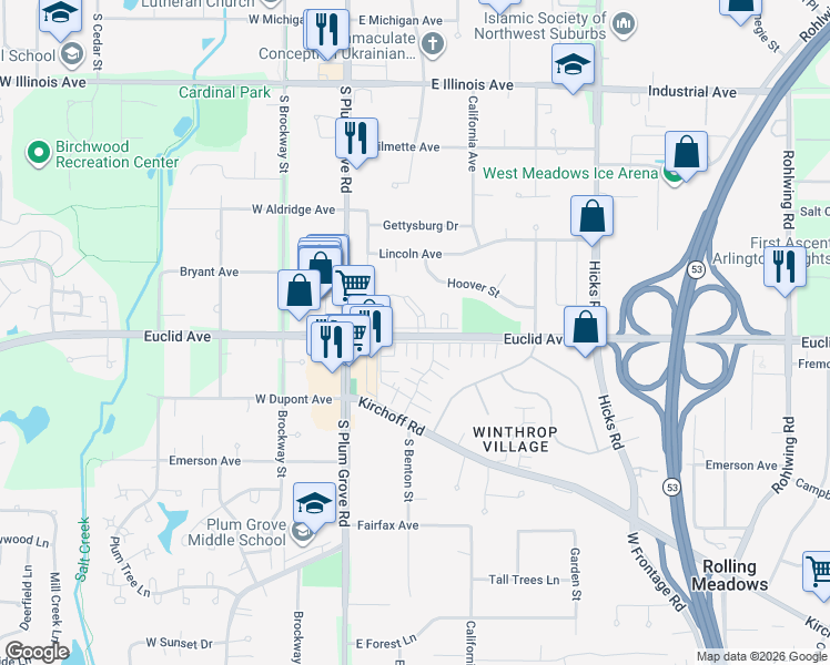 map of restaurants, bars, coffee shops, grocery stores, and more near 4506 Euclid Avenue in Rolling Meadows