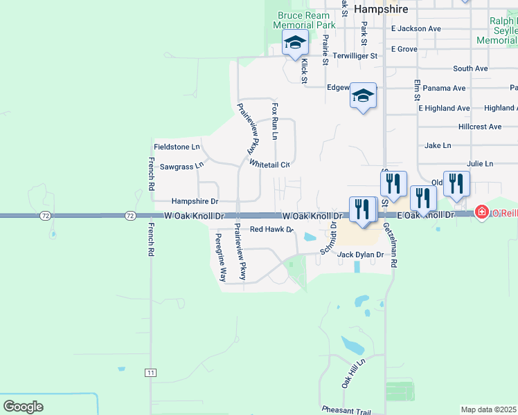 map of restaurants, bars, coffee shops, grocery stores, and more near 621 Hampshire Drive in Hampshire