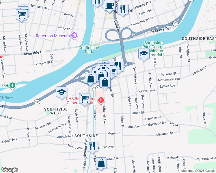 map of restaurants, bars, coffee shops, grocery stores, and more near 1 Mitchell Avenue in Binghamton
