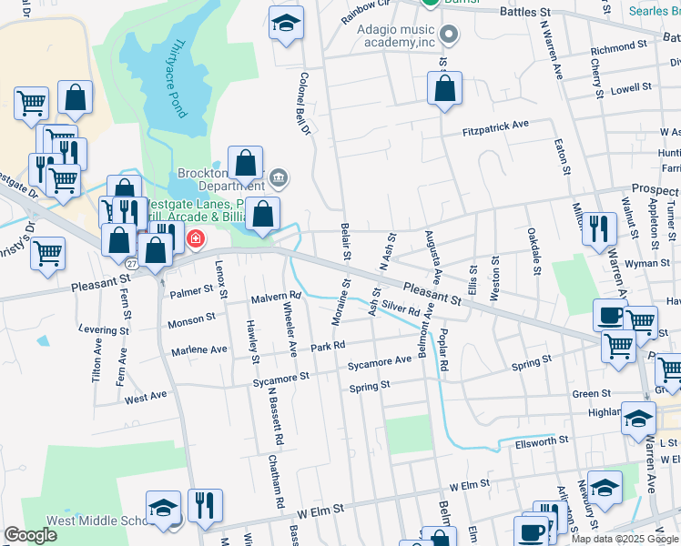 map of restaurants, bars, coffee shops, grocery stores, and more near 436 Pleasant Street in Brockton