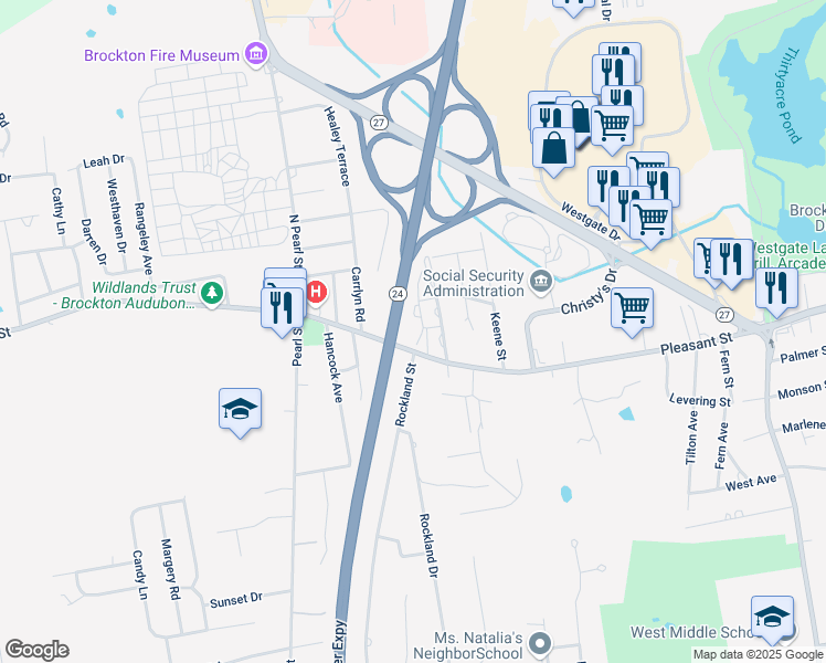 map of restaurants, bars, coffee shops, grocery stores, and more near 14 Westland Street in Brockton