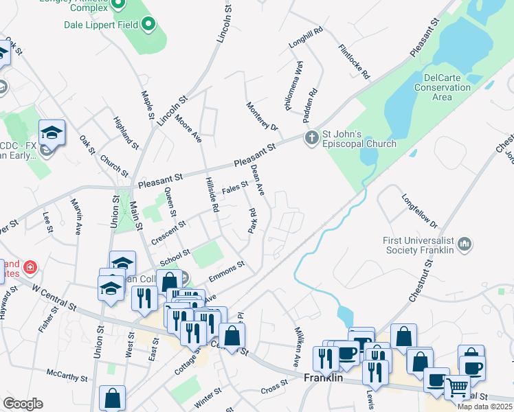 map of restaurants, bars, coffee shops, grocery stores, and more near 87 Park Road in Franklin