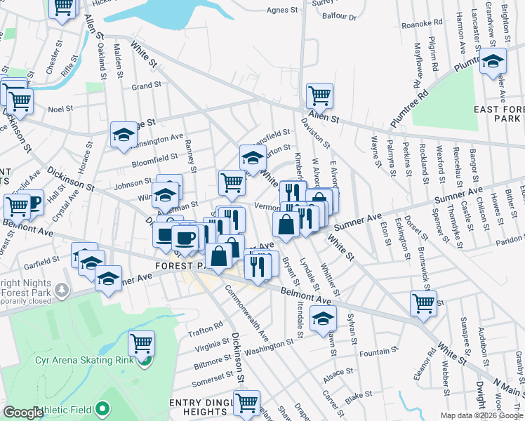 map of restaurants, bars, coffee shops, grocery stores, and more near 47 Lester Street in Springfield