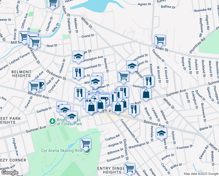 map of restaurants, bars, coffee shops, grocery stores, and more near 16-18 Sorrento Street in Springfield
