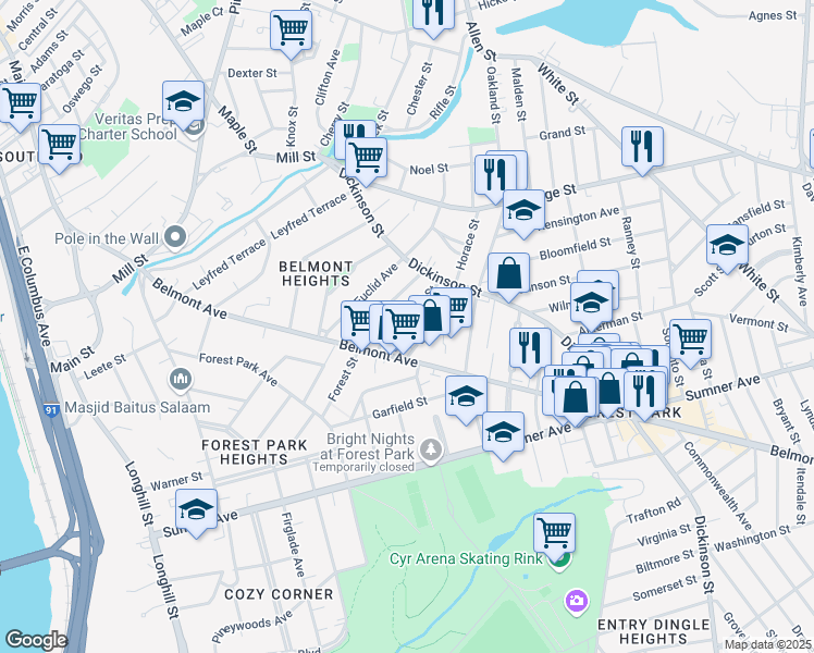 map of restaurants, bars, coffee shops, grocery stores, and more near 22 Hall Street in Springfield
