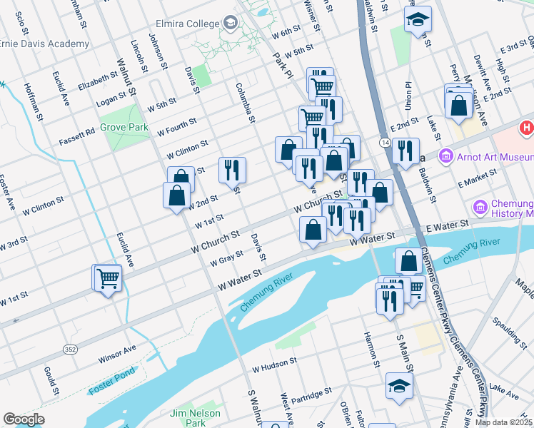 map of restaurants, bars, coffee shops, grocery stores, and more near 374 West Church Street in Elmira
