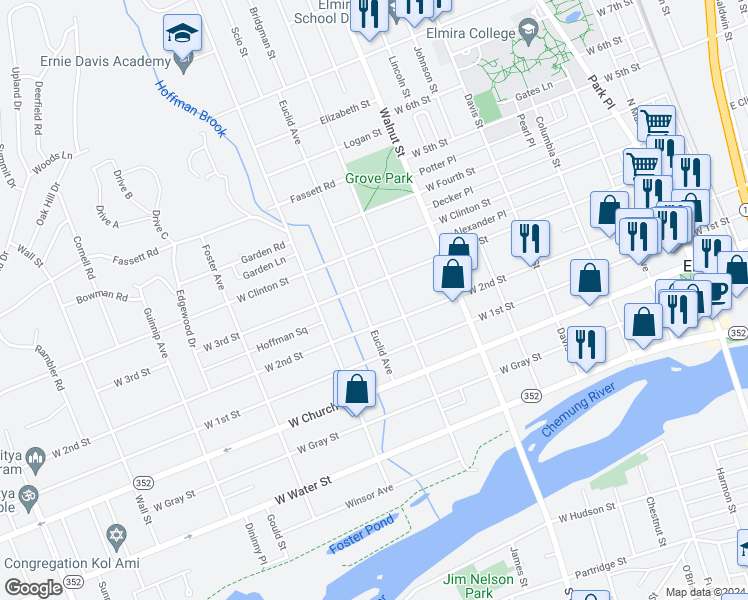 map of restaurants, bars, coffee shops, grocery stores, and more near 411-413 Euclid Avenue in Elmira