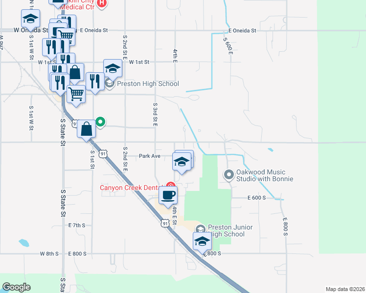 map of restaurants, bars, coffee shops, grocery stores, and more near 422 East 4th South in Preston