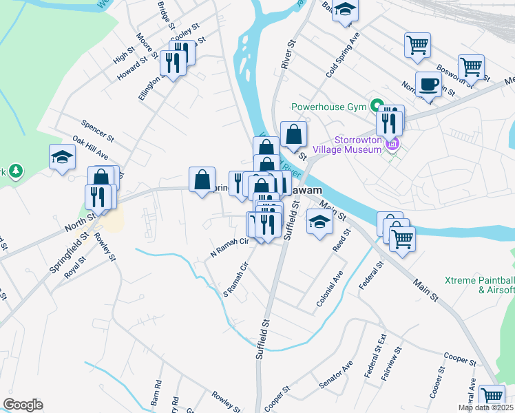 map of restaurants, bars, coffee shops, grocery stores, and more near 1-25 Agawam Shopping Court in Agawam