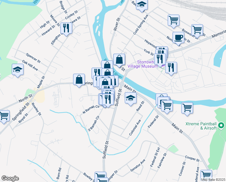 map of restaurants, bars, coffee shops, grocery stores, and more near 17 Springfield Street in Agawam