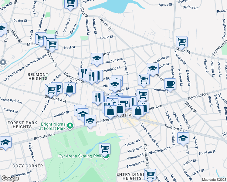 map of restaurants, bars, coffee shops, grocery stores, and more near 28 Alderman Street in Springfield