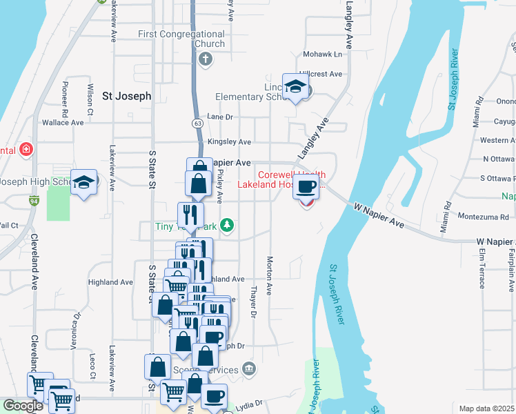 map of restaurants, bars, coffee shops, grocery stores, and more near 2608 Morton Avenue in St. Joseph