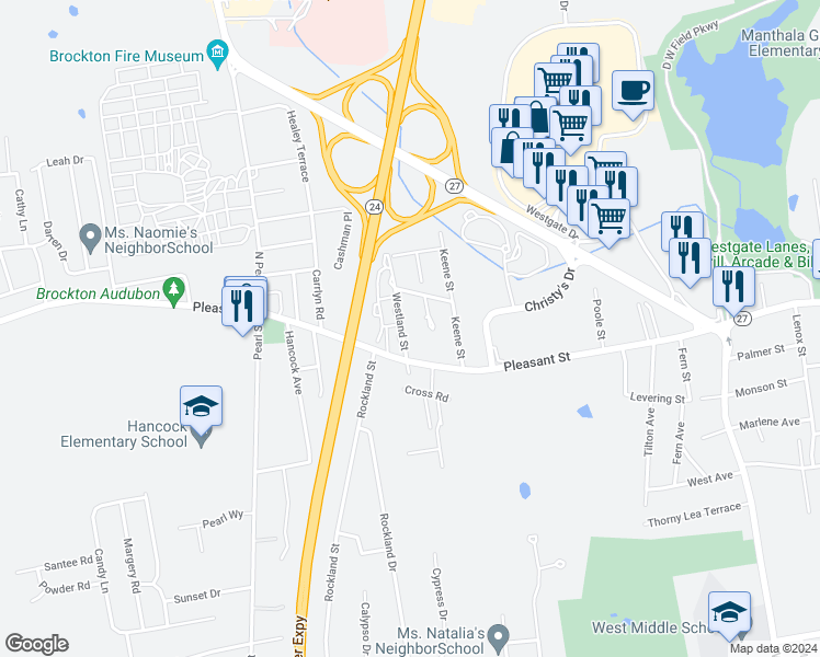 map of restaurants, bars, coffee shops, grocery stores, and more near 25 Westland Street in Brockton