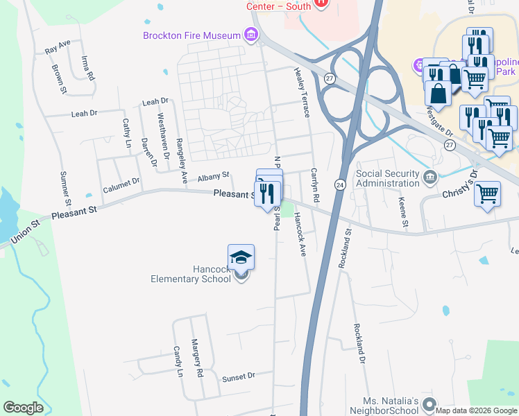 map of restaurants, bars, coffee shops, grocery stores, and more near 1 Pearl Street in Brockton