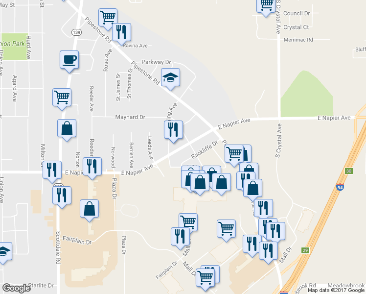 map of restaurants, bars, coffee shops, grocery stores, and more near 1353 East Napier Avenue in Benton Harbor