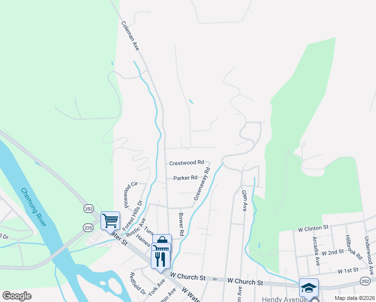 map of restaurants, bars, coffee shops, grocery stores, and more near 1730 Crestwood Road in Elmira