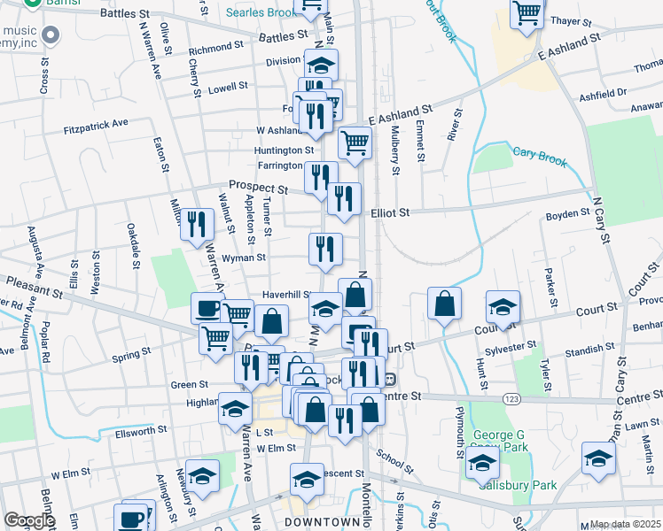 map of restaurants, bars, coffee shops, grocery stores, and more near 135 North Main Street in Brockton