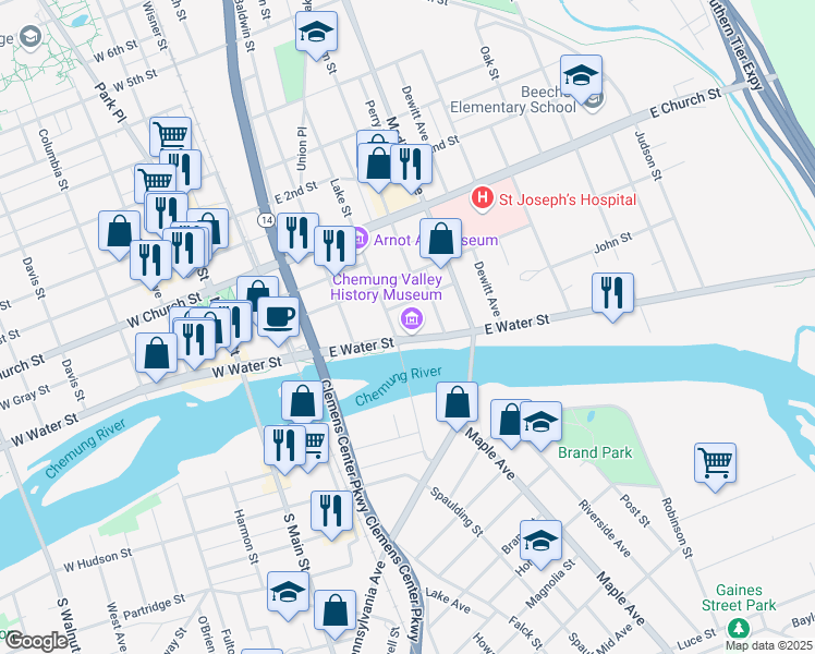 map of restaurants, bars, coffee shops, grocery stores, and more near 415 East Water Street in Elmira
