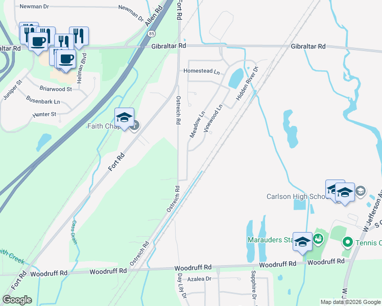 map of restaurants, bars, coffee shops, grocery stores, and more near 29853 Meadow Lane in Gibraltar