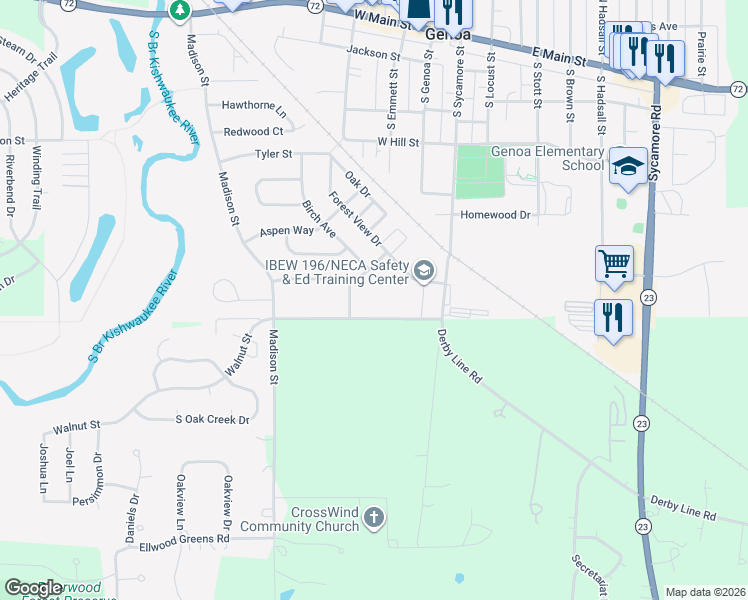 map of restaurants, bars, coffee shops, grocery stores, and more near 506 Willow Glen Drive in Genoa