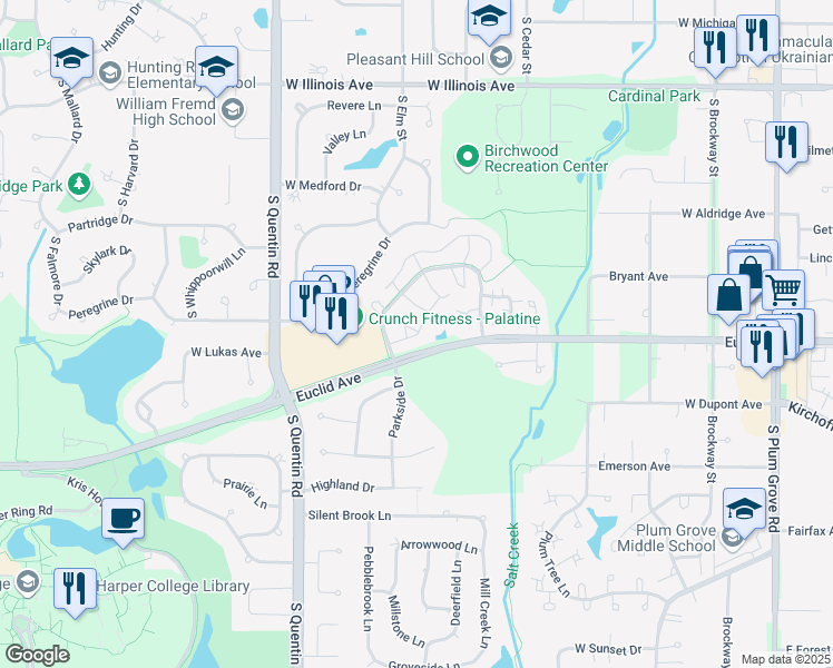 map of restaurants, bars, coffee shops, grocery stores, and more near 1268 South Parkside Drive in Palatine