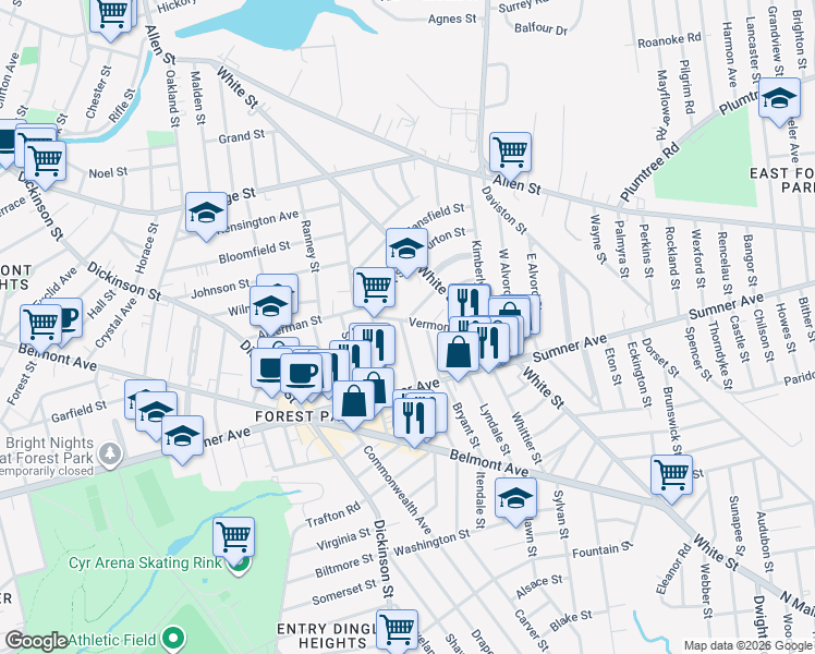 map of restaurants, bars, coffee shops, grocery stores, and more near 47 Lester Street in Springfield