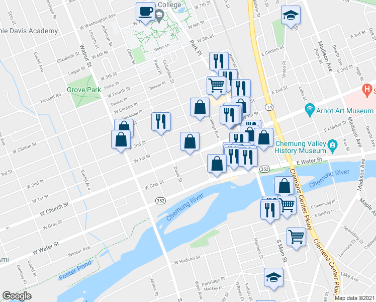 map of restaurants, bars, coffee shops, grocery stores, and more near 360 West Church Street in Elmira