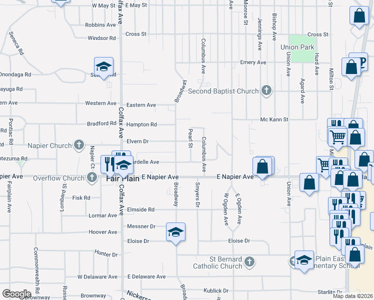 map of restaurants, bars, coffee shops, grocery stores, and more near 1635 Broadway in Benton Harbor