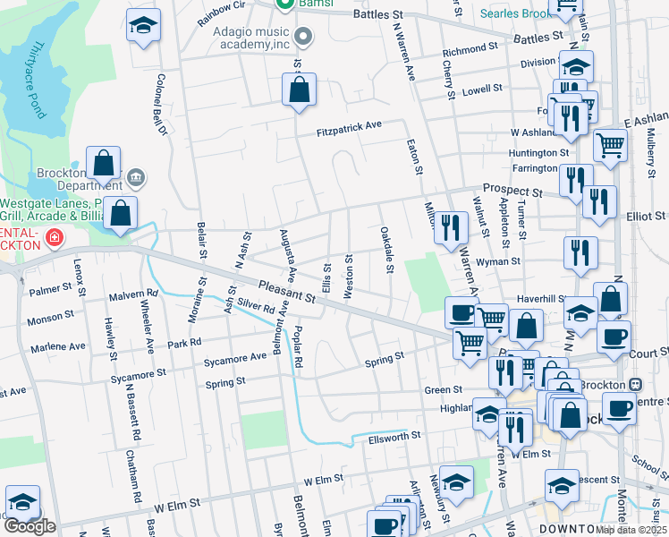 map of restaurants, bars, coffee shops, grocery stores, and more near 27 Ellis Street in Brockton