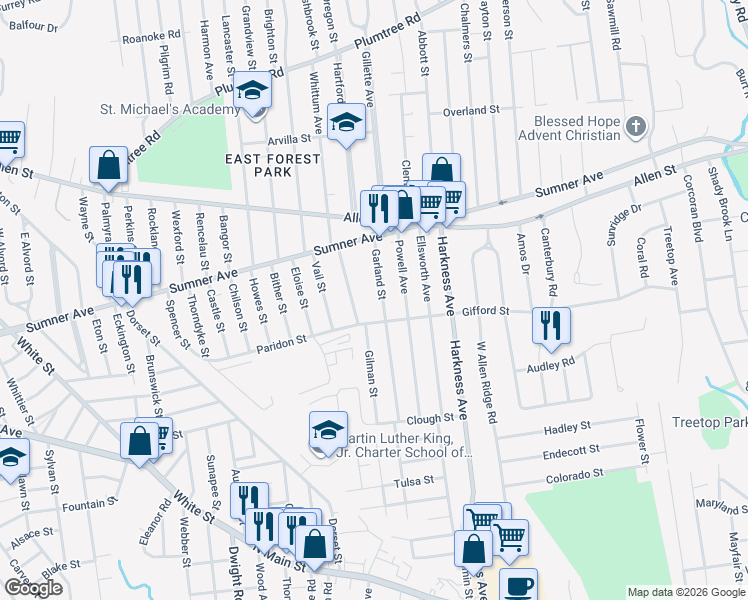 map of restaurants, bars, coffee shops, grocery stores, and more near 80 Garland Street in Springfield