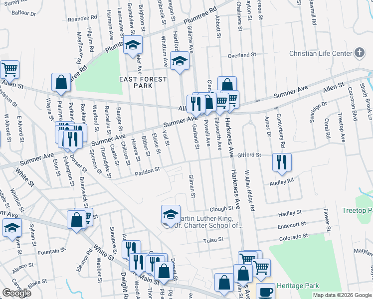 map of restaurants, bars, coffee shops, grocery stores, and more near 80 Garland Street in Springfield