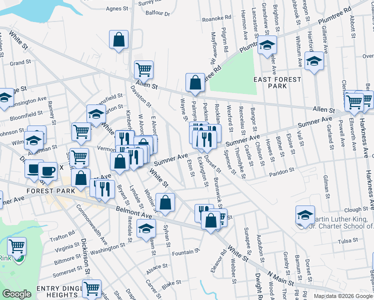 map of restaurants, bars, coffee shops, grocery stores, and more near 845 Sumner Avenue in Springfield