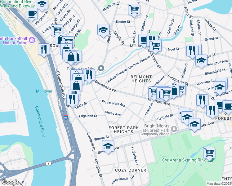 map of restaurants, bars, coffee shops, grocery stores, and more near 130-132 Belmont Avenue in Springfield
