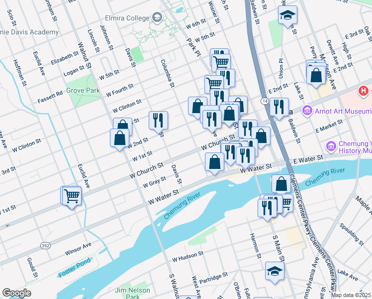 map of restaurants, bars, coffee shops, grocery stores, and more near 374 West Church Street in Elmira